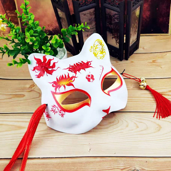 Handmålad Half Face Fox Kitsune Mask Halloween Cosplay Masq C1 D1