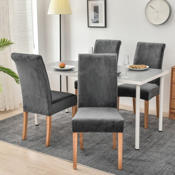 Set med 4 stretchiga stolsöverdrag för matstolar, stretch-spandex med elastiska cover, stora matstolsöverdrag i sammat (mörkgrå)