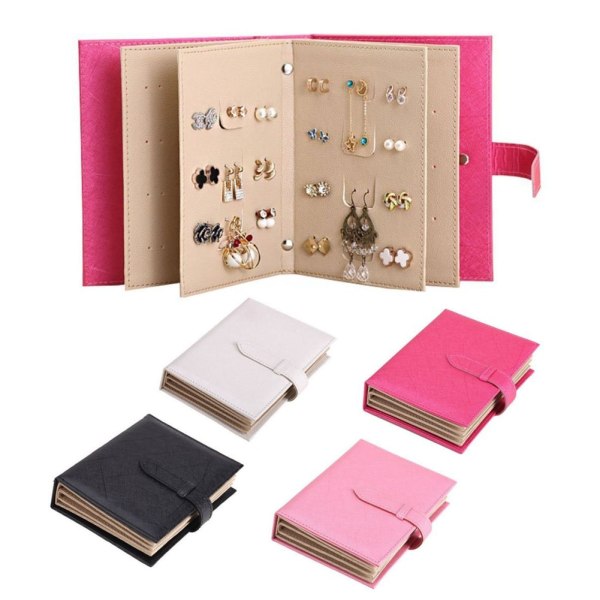 Smyckesförvaring Bok med PU-Läder Omslag Smycken Örhängen Förvaring Organizer Häfte med 42 Platser Svart Light Pink