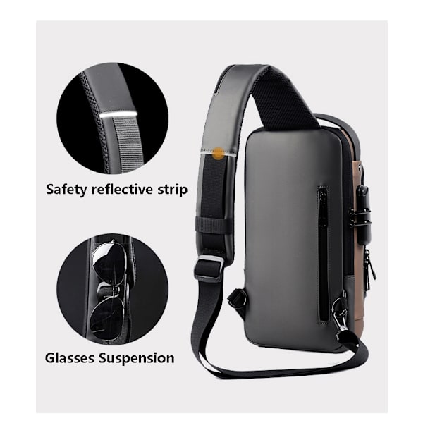 Multifunktionsstöldskydd USB -axelremsväskor grå+brun 16*6*32cm black