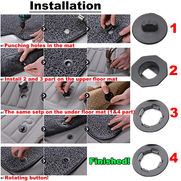 4ST Universal Bilgolvmatta Anti-Slip Clips Auto mattfixering Svart Gray
