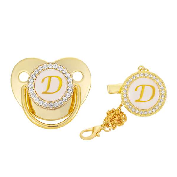 Luxury Gold Initial Letter A Bling Baby Napp med Chain Cli M D