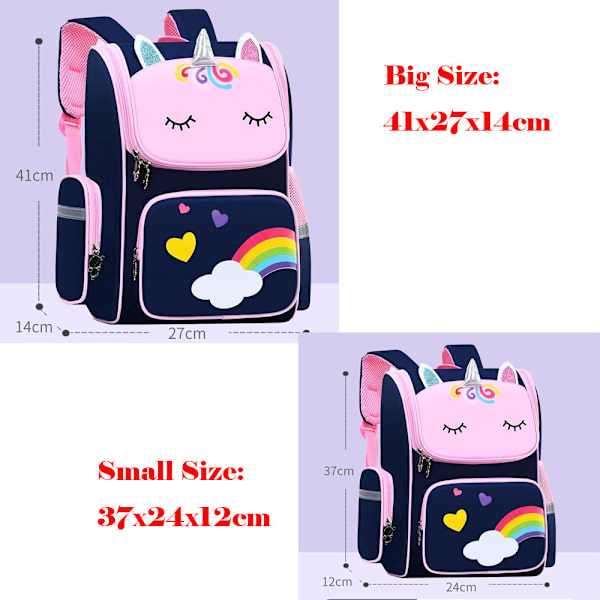 Söt student skolryggsäck Cartoon Unicorn Bagpack Bule Large