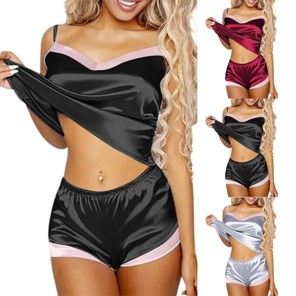 Dam Nattkläder Pyjamas Set Satin Underkläder 2 delar Nattkläder röd XL black M