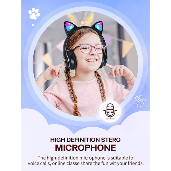 Cat Ear LED Light Up hopfällbara Bluetooth hörlurar för barn