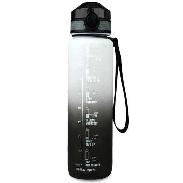1 liter Stor Vattenflaska med Tidsmarkör Vatten Flaska Flip Lock Sportflaska Lila-Blå Grey
