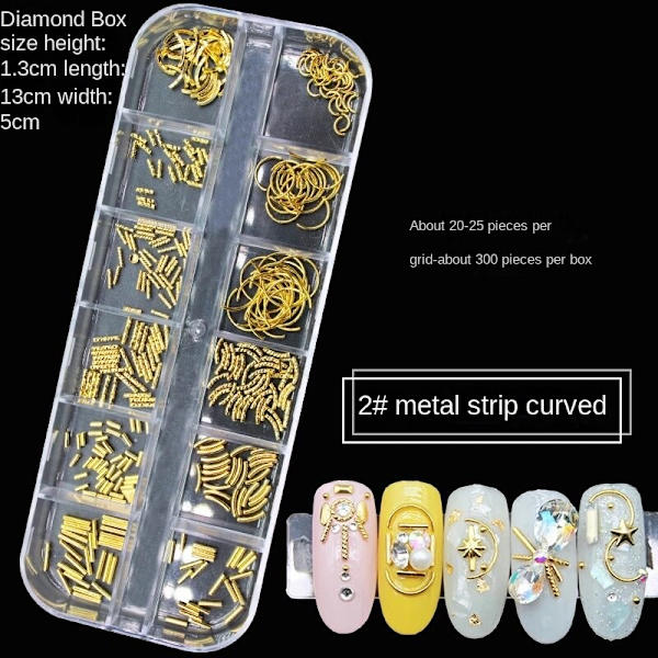 Nageldekorationer för Nail Art 12 Grid Large Box Nail Rivet Metallmaterial Paljetter 12# hollow silver Rivet 2# metal strip curved