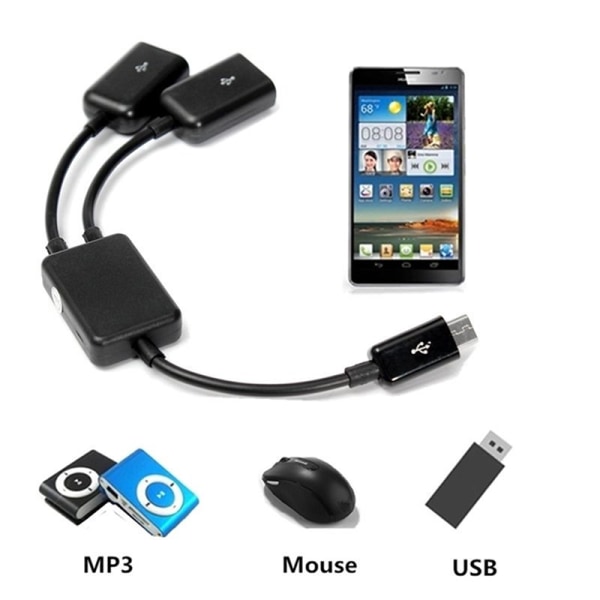 Dual Micro USB OTG Hub Host Adapter Kabel för Tablet PC och Sma Black en one size