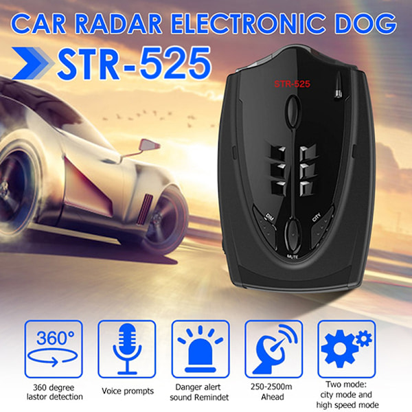 Auto STR-525 Radar Detektor Rösthastighetsvarning Svart