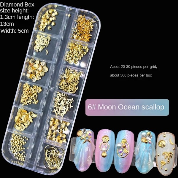 Nageldekorationer för Nail Art 12 Grid Large Box Nail Rivet Metallmaterial Paljetter 12# hollow silver Rivet 6# Moon starfish scallop