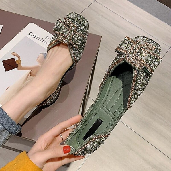 Mode Bling Rhinestone Bow-knot Slip On Casual Flat Shoes Rosa 36 Green 34