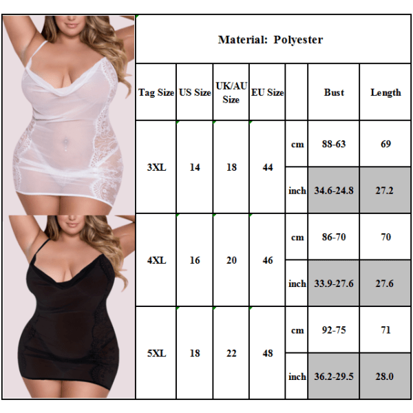 Damer Plus Size Sexig Mesh Sling Nattlinne Underkläder Miniklänning Vit 5XL 4XL
