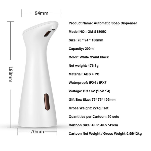 Automatisk tvålautomat Kontaktlös sensor Smart Sensing Foam vit 70*94*188mm white