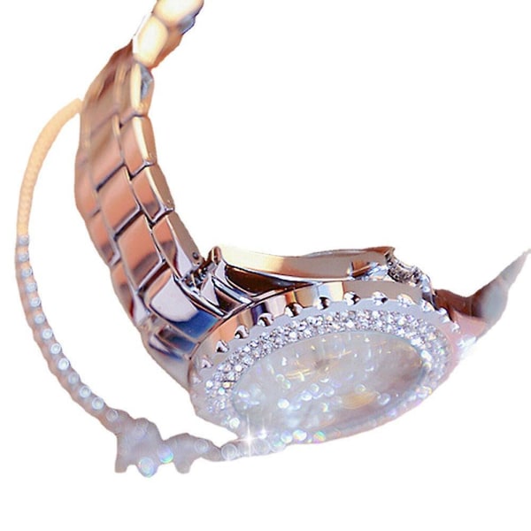 Quartz watch set med hel diamant rosett och pärlor armband silver