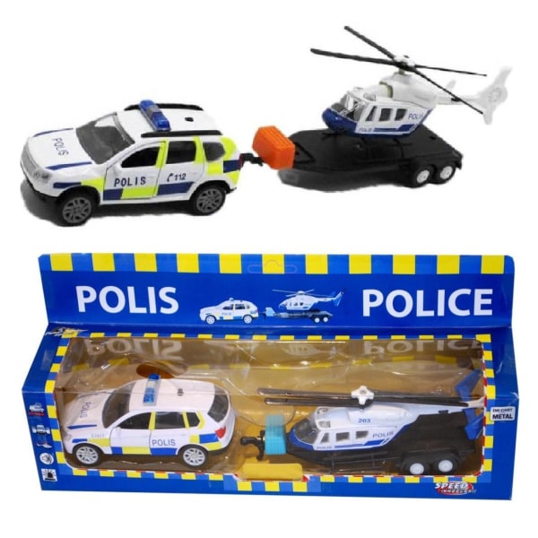 Poliisiauton peräkärry ja poliisihelikopteri. 3-vuotiaasta alkaen