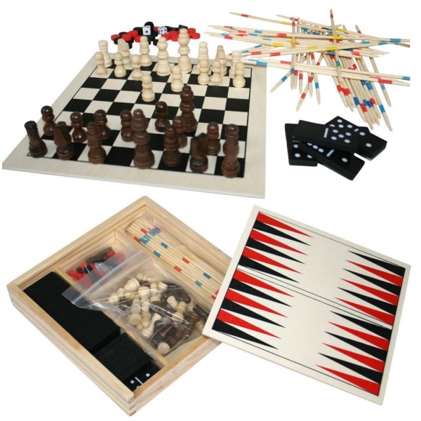 Brettspillsett Chess, Domino Backgammon og Mikado