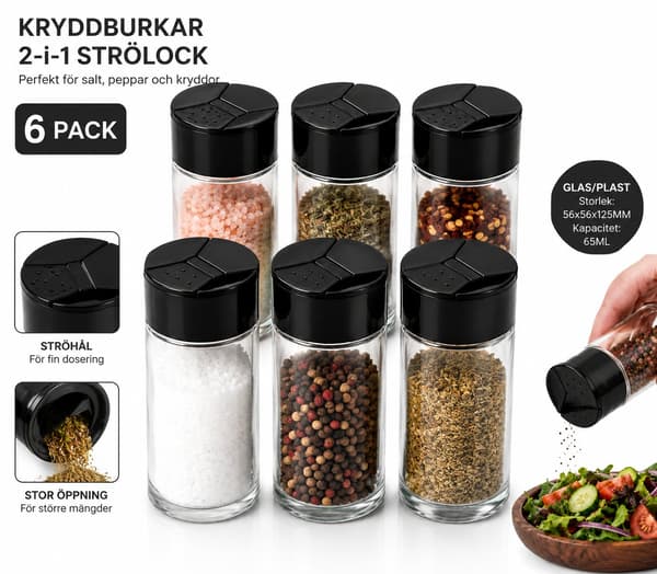 6-Pack Salt/Kryddburk 65 ml. Perfekt för Salt, Peppar & Kryddor