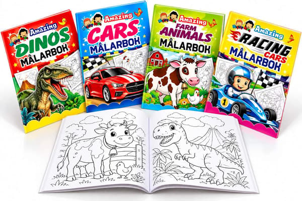 Målarbok A4 4-pack – Bilar, Djur, Dinosaurier & Racing – 32 Sidor per Bok