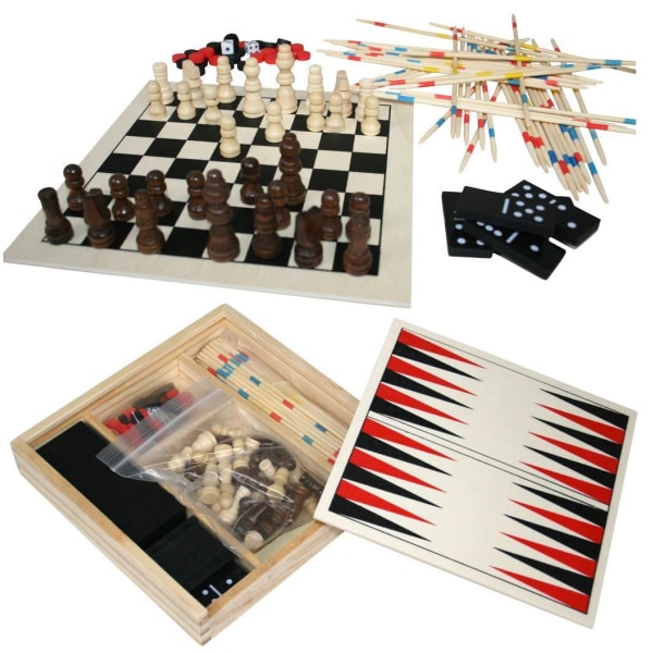 4 i 1 brætspilssæt Skak, Domino Backgammon og Mikado