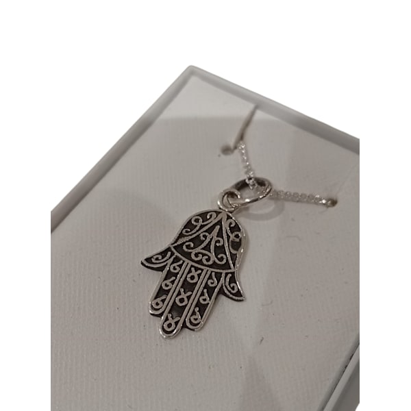 Hamsa Hand Hänge m Kedja i Äkta Silver