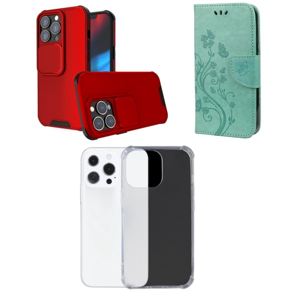 3-Pack Iphone 13 Pro Max . 1 Plånboksfodral o 2 Bakskal Vin, röd