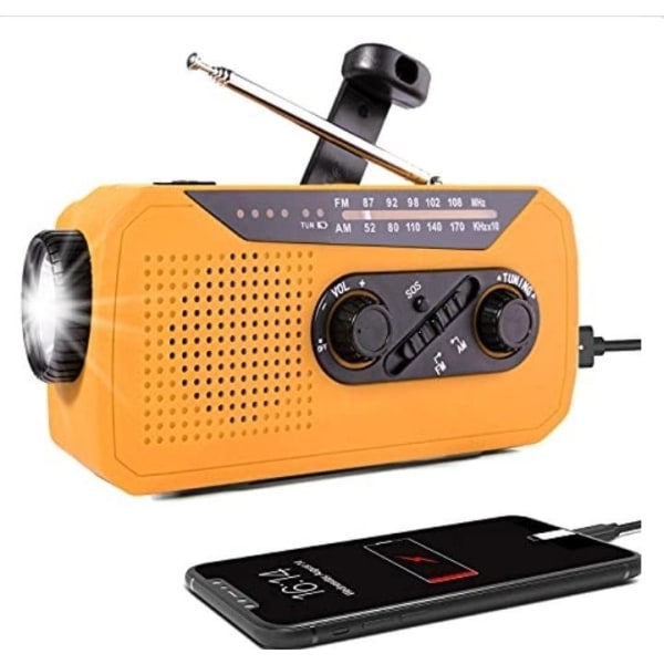 Krankradio med solceller, lommelygte og 2000mAh Powerbank SOS Orange