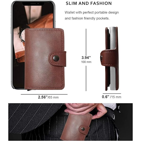 MörkBrun -RFID Skydd Pop-up Plånbok Korthållare 6st Kort m Knapp Dark brown