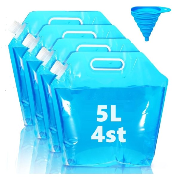 4 x 5L sammenklappelige vanddåser + 1 silikonetragt