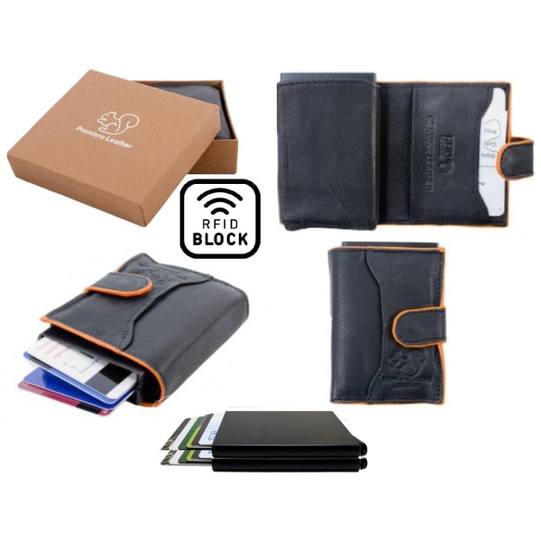 Aitoa nahkaa oleva lompakko ja 2 älykorttikoteloa, 100 % RFID-suojaus. VASTAUS Svart och Orange