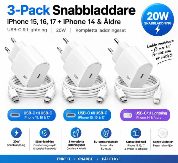 3-Pack Snabbladdare iPhone 15, 16, 17 + iPhone 14 & Äldre – USB-C & Lightning White