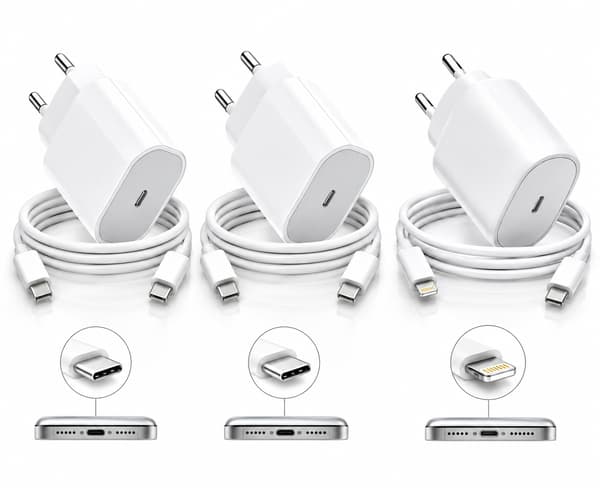 3-Pack Snabbladdare iPhone 15, 16, 17 + iPhone 14 & Äldre – USB-C & Lightning Vit