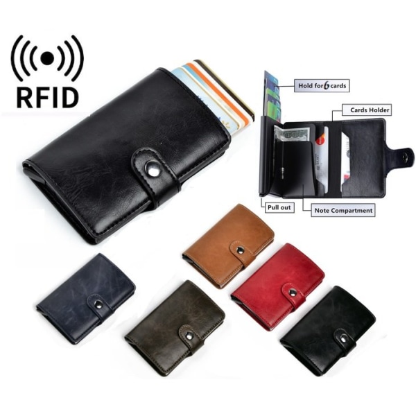 RFID-Säkert korthållare skjuter fram 6st kort m läderjacka o sed Ljusbrun