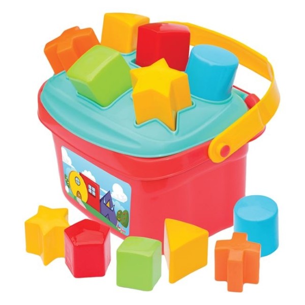 Värikäs lelulaatikko, jossa on 6 erilaista geometrista muotoa. 12 kuukautta +