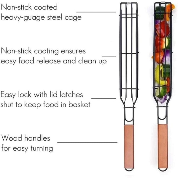 Genanvendelig non-stick grillkurv med træhåndtag. Grillkurve 4st Grillkorgar