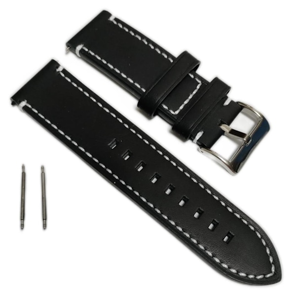 Äkta Läder Vattentätt Klockarmband i 24mm m 2 sprintar . Svart Black