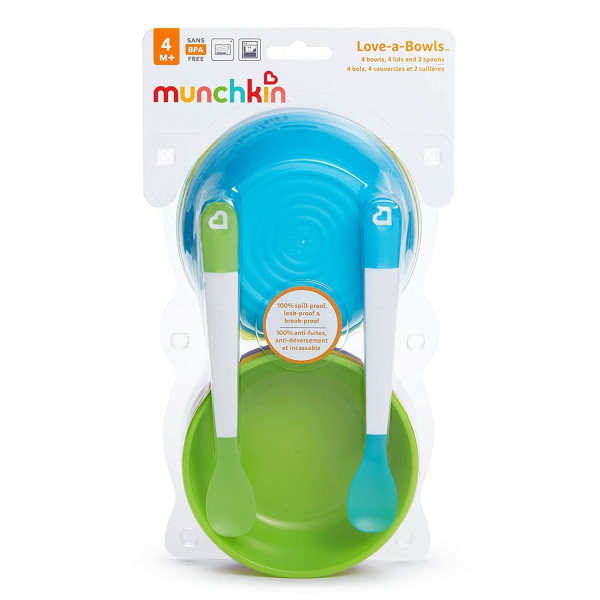 Munchkin - 4 Spillsäkra Förvaringsburkar med lock och 2 skedar
