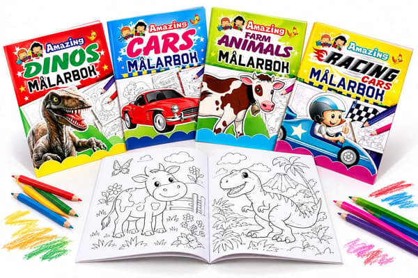 Målarbok A4 4-pack – Bilar, Djur, Dinosaurier & Racing – 32 Sidor per Bok