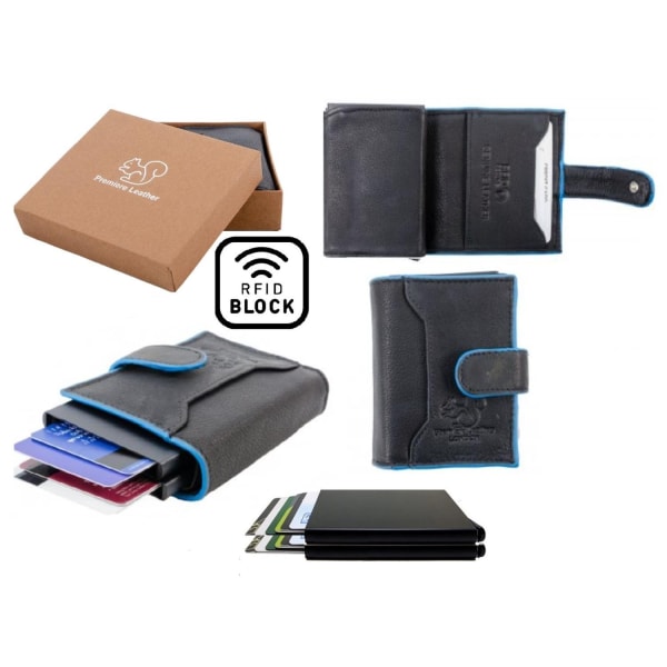 Äkta Läder Plånbok o 2st Smart Korthållare .100% RFID Skydd.SVAR Svart och Blå