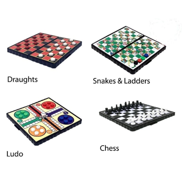 4-pakkaiset magneettipelit shakki, ludo, käärmeet ja tikkaat, luonnos.