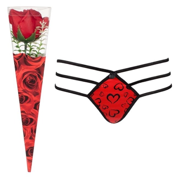 Rød thong med rose o emballasje. Valentinsdag