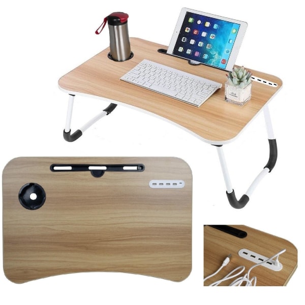 Laptopbord / frokostbord for sengen med USB-porter og koppholder FÄRG GRÅ-SVART