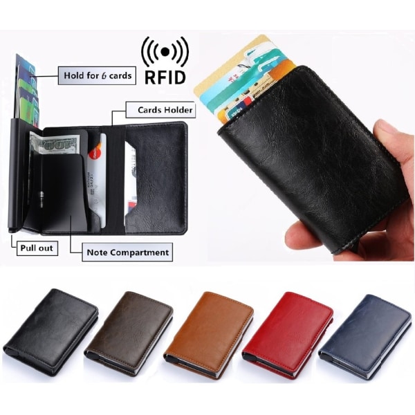 RFID-Säkert korthållare skjuter fram 6st kort m Jacka o Sedelfac Röd