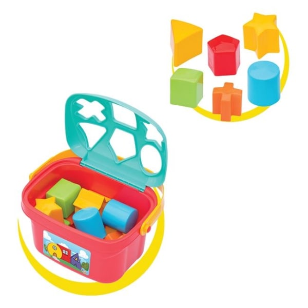 Farverig legetøjskasse med 6 forskellige geometriske former. 12 måneder+