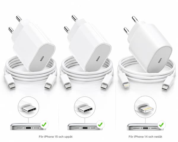 3-Pack Snabbladdare iPhone 15, 16, 17 + iPhone 14 & Äldre – USB-C & Lightning White