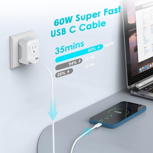 2 x 60W Snabbladdningskabel USB-C - USB-C F iPhone 15 /16 Samsung mm