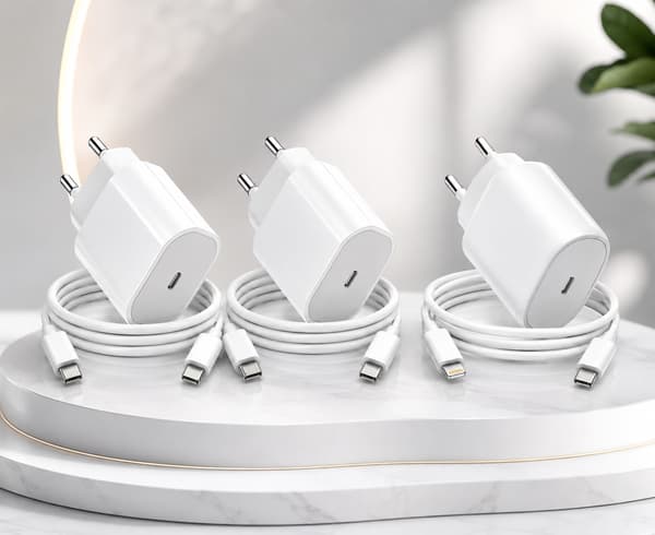 3-Pack Snabbladdare iPhone 15, 16, 17 + iPhone 14 & Äldre – USB-C & Lightning White
