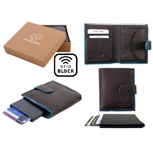 Äkta Läder Plånbok o Smart Korthållare .100% RFID Skydd.BRUN+BLÅ Brun och Blå