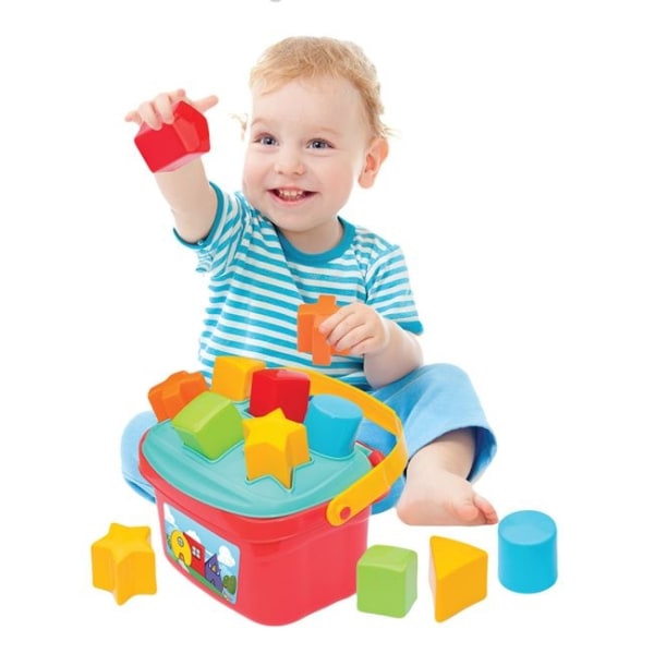 Värikäs lelulaatikko, jossa on 6 erilaista geometrista muotoa. 12 kuukautta +