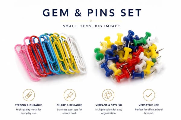 Gem & Kartnålar – 30 Gem (50 mm) + 40 Push Pins (24 mm)