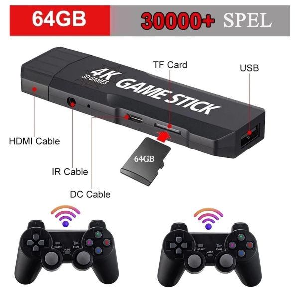 Trådløse 4K HD TV-spill med HDMI Stick-tilkobling eller 30000 spill 64GB